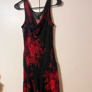 Connected Apparel Black and Red Floral Midi Dress